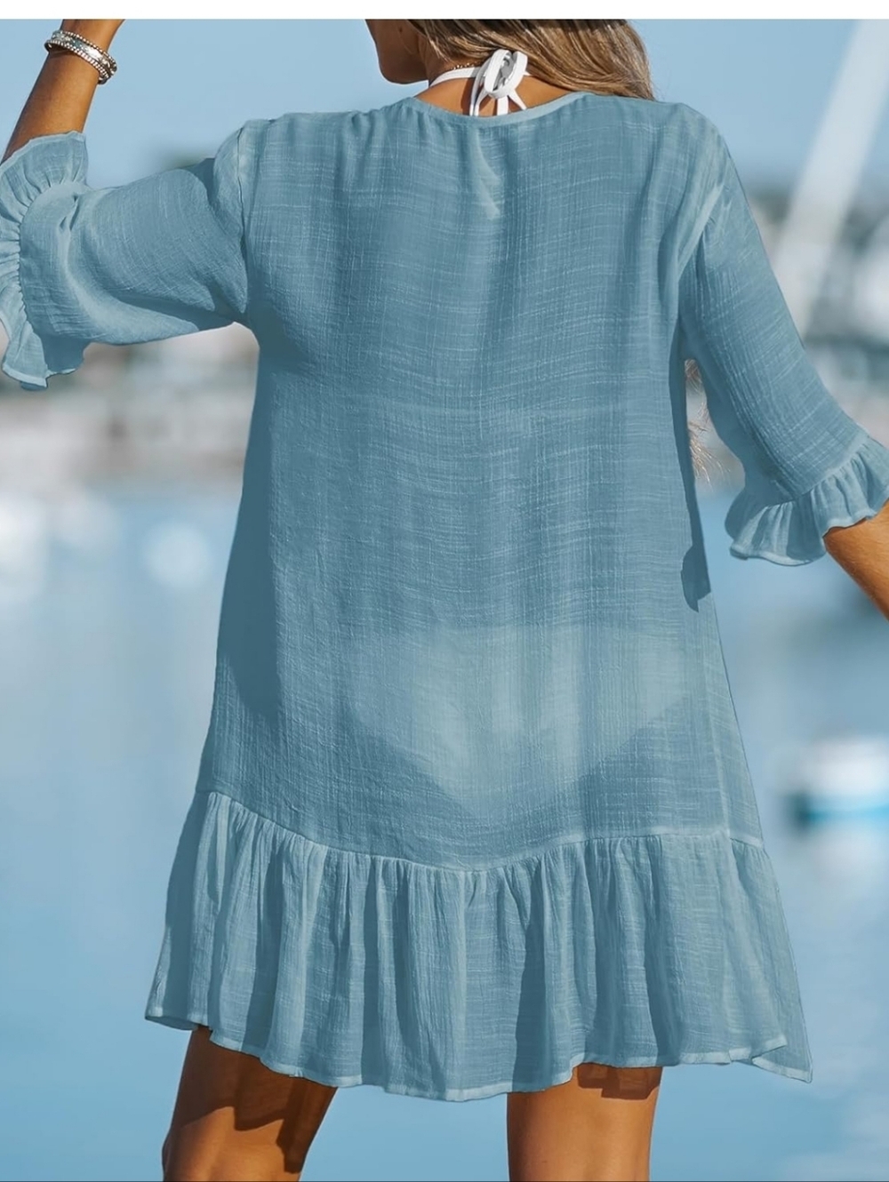 Light Blue V-Neck Ruffle Button-Front Cover-Up Size Med - Picture 2 of 4